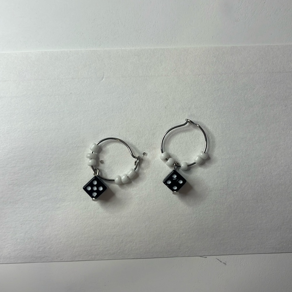 Silver, White, And Black Dice Hoop Earrings
